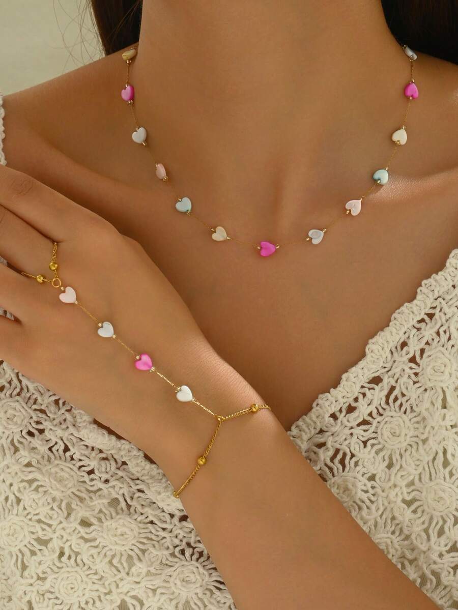 1 套时尚可爱的不对称彩色心形不锈钢首饰套装,适合女性日常佩戴、订婚派对、婚礼 - 金黃色 - 查看 1