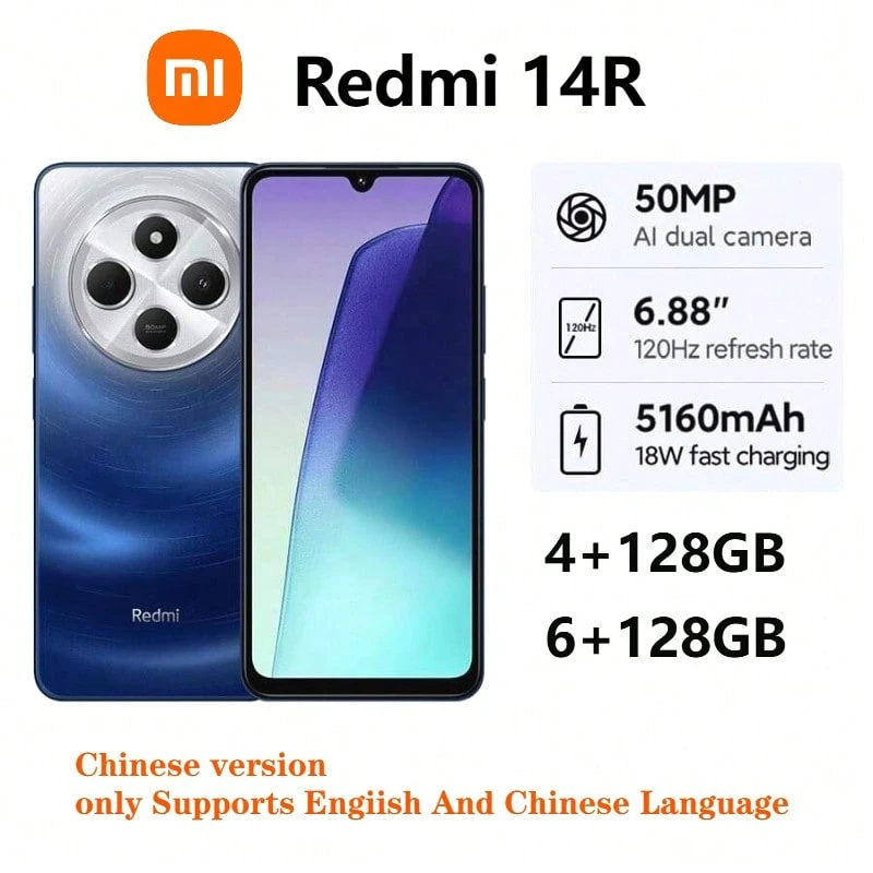 Xiaomi Redmi 14R Smartphone, 6.88" Eye Protection Display, Snapdragon 4 Gen2 Chipset, 120Hz High Refresh Rate, Side-Mounted Fingerprint Unlock, 5160mAh Large Battery, 18W Fast Charging, Chinese Version Dual SIM, Supports English And Chinese
