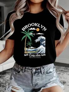 Women's Graphic T-Shirt | Brooklyn Cozy Vibes Design | 100% Cotton | Comfortable and Soft | Suitable for Everyday Wear and Holiday Gifts | White Crew Neck T-Shirt | Made and shipped in Mexico | Unisex - Negro - Ver 2