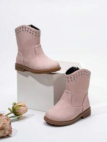 Autumn/Winter Hollow Bow Western Boots, New Wear-Resistant Warm Comfortable Flat Western Style Versatile Baby Boots - Pink - View 6
