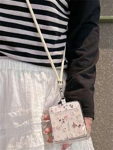 时尚全屏玫瑰花手机壳,带可调节斜挎颈绳,兼容三星 Galaxy Z Flip7 Flip6 Z Flip 5 4 3 粉色花卉折叠保护后盖 - 白碎花 - 查看 5