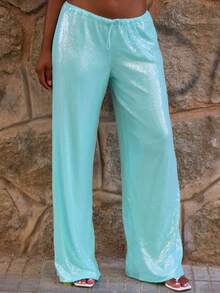 Yess Loren Pantalones de tiro bajo con lentejuelas, vacaciones de verano, elegante ropa de playa bohemia y casual, para festivales rave