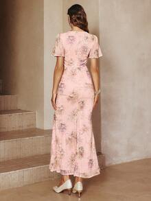 Simplee Elegant Sequin Floral Maxi Dress, Spring/Summer New Arrival Twist Knot Slit Fitted Long Gown, Suitable For Wedding, Party, Date, Formal Dinner, Birthday Pink - Pink - View 8