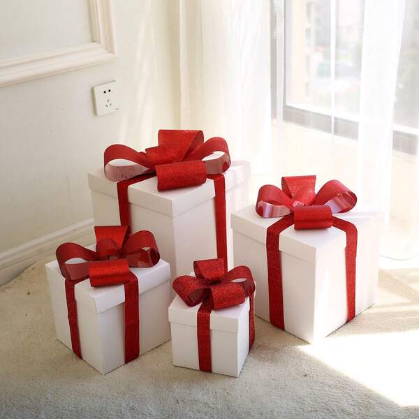 4pcs Matte White Lid Bow Ribbon Decor Gift Box, Photography Prop For Christmas Party, Gift Packaging, Backdrop Decoration Home Decor Christmas Decorations Room Decor Winter