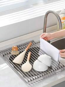 1 Pc Deluxe Roll-Up Stainless Steel Dish Drying Rack - Space-Saving Over-The-Sink Design, Portable & Anti-Rust, Easy To Clean Kitchen Sink Organizer For Small Spaces, Dish Drying Rack For Kitchen Counter, Sleek Metallic Finish, Construction - Multicolor - View 5