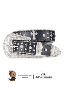 Luxurious Rhinestone Cross Metal Alloy Waist Belt, Unisex Punk Style Fashion Waist Belt, Cowboy Clothing Accessory - Multicolor - View 3