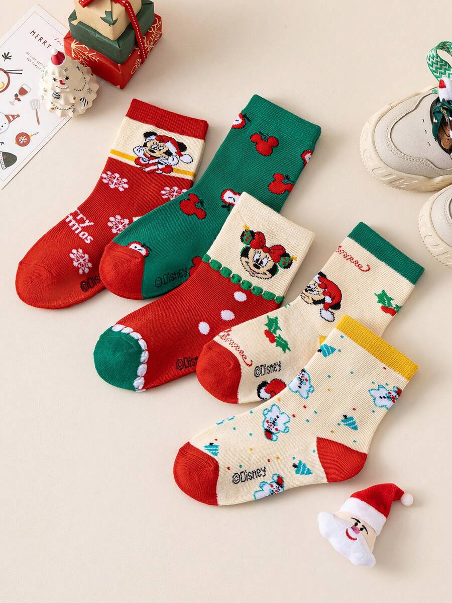 Disney 5双装圣诞儿童袜子，米奇老鼠新年礼物袜，卡通圣诞新年动画袜子，男女童款，新奇有趣袜子，儿童室内/居家穿着袜子 - 彩色 - 查看 1