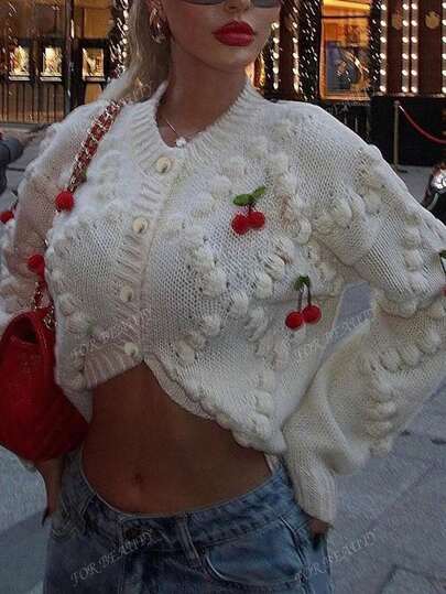 FOR BEAUTY Autumn And Winter New White Style Round Neck Three-Dimensional Cherry Single Breasted Long Sleeved Knitted Sweater Women's Top, Fashionable, Gentle, Sweet Temperament, Casual And Loose Suitable For Daily Go Out, Dating, Commuting, Sweater Coat ChicAutumn Halloween