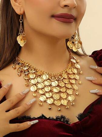 2 件女士金属美人头耳环项链套装波西米亚风格时尚配饰适合夏季休闲派对拍摄礼物万圣节服装