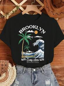 Women's Graphic T-Shirt | Brooklyn Cozy Vibes Design | 100% Cotton | Comfortable and Soft | Suitable for Everyday Wear and Holiday Gifts | White Crew Neck T-Shirt | Made and shipped in Mexico | Unisex - Negro - Ver 1