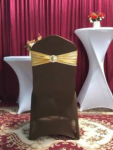 50 Pcs Foil Print Fabric Metallic Gold Stretch Chair Covers Sashes, Elastic Bands, Lycra Chair Bows, Spandex Ribbon – Featuring Durable Workmanship. These Spandex Fitted Bows Are Ideal For Wedding, Birthday, Graduation, Christmas, Bridal Shower, Party, Meeting, And Engagement Table Cloth Backdrops, Carpets, And Flower Decoration. - 金的 - 查看 4