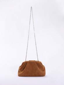 高品质复古风格棕色麂皮手拿包，玛琳风格女士麂皮手拿包，欧美时尚褶皱简约女士手拿包，配链条肩带 - 棕色 - 查看 7