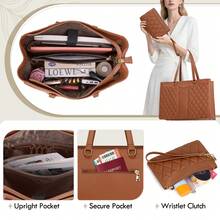 NEWHEY Premium Leather Laptop Tote Set For Women: 15.6 Inch Professional Work Bag With Detachable Clutch. Multi-Functional Computer Briefcase & Purse For Office, Teacher, And Business Travel. - màu nâu - Xem 6