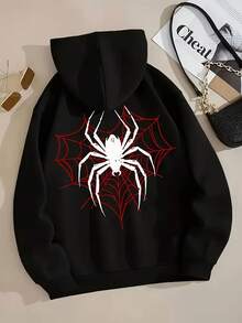 Sudadera con capucha gráfica de araña negra para mujeres con estampado de telaraña roja - Sudadera cómoda con bolsillo canguro, ropa casual de otoño e invierno de manga larga, lavable a máquina, sudadera con capucha de araña, tela duradera - Negro - Ver 7