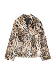 Giacca donna in pelliccia sintetica leopardata spessa e calda, elegante, con collo a risvolto, maniche lunghe, tasche laterali, casual - Leopardo - Visualizzare 2