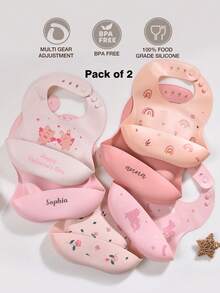 2 Stücke personalisierte Baby Lätzchen, weiche Silikon Lätzchen mit Klettverschluss, wasserdicht und fleckresistent, geeignet für Babys Jungen und Mädchen, personalisierte Geschenke mit Rosen, Einhorn, Regenbogen, Engel Motiven, ganzjährig, Valentinstag Serie - Verschiedenfarbig - Übersicht 3