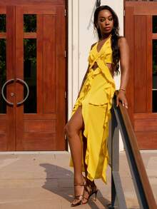 Yess Loren Spaghetti Strap Backless Sleeveless Dress With Ruffle Hem,Pastel Dresses For Women,Sundress - Yellow - View 4