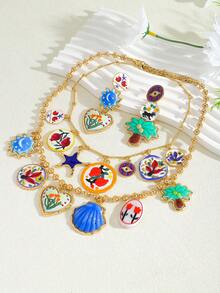 Bộ 4 khuyên tai hình cây cọ và hoa bằng nhựa, khuyên tai và vòng cổ hình hoa cổ điển Bohemian, vòng cổ mặt dây chuyền bằng nhựa nhiều màu, phù hợp cho trang phục hàng ngày, kỳ nghỉ, tiệc tối, trang sức thanh lịch của phụ nữ (Vị trí mặt dây chuyền ngẫu nhiên) - nhiều màu - Xem 3