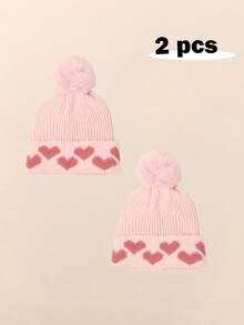 2pcs Baby Girl Winter Hat Cute Heart Pattern Plush Pom Knit Beanie Warm Hospital Cap For Infant Cold Weather Outdoor Accessories - Multicolor - View 12