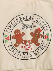 Baby Girl Christmas Gingerbread Letter Print Long Sleeve Sweatshirt And Green Snowman All-Over Print Flare Pants Set, Autumn/Winter