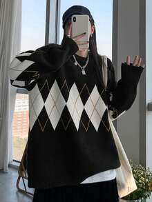 女士黑色宽松针织毛衣，秋冬休闲套头衫 - 黑色 - 查看 8