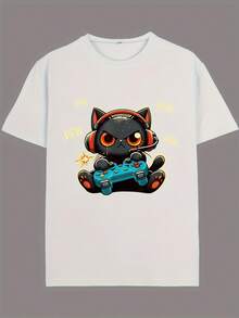 Camiseta de cuello redondo, adecuada tanto para hombres como para mujeres.Diseños adorables de gatos jugadores y gatos de anime, camisetas divertidas para entusiastas casuales de los deportes electrónicos, un regalo para tu novio. - Negro - Ver 10