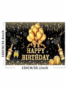 1 Peça Painel de Fotografia de Aniversário Feliz Preto e Dourado, Balões Brilhantes, Pontos, Fogos de Artifício, Faixa de Festa, 59.1*39.4/82.7*59.1/106.3*70.9 Polegadas, Taças de Champanhe, Caixa de Presente, Bottom de Foto Interno e Externo, Decoração de Chá de Bebê