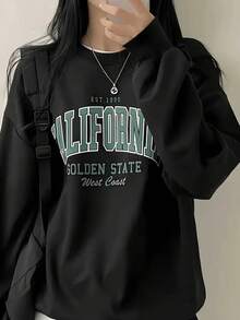 Women's Loose Fit Graphic Print Crew Neck Sweatshirt, Casual Long Sleeve Pullover For Autumn/Winter - Black - View 1