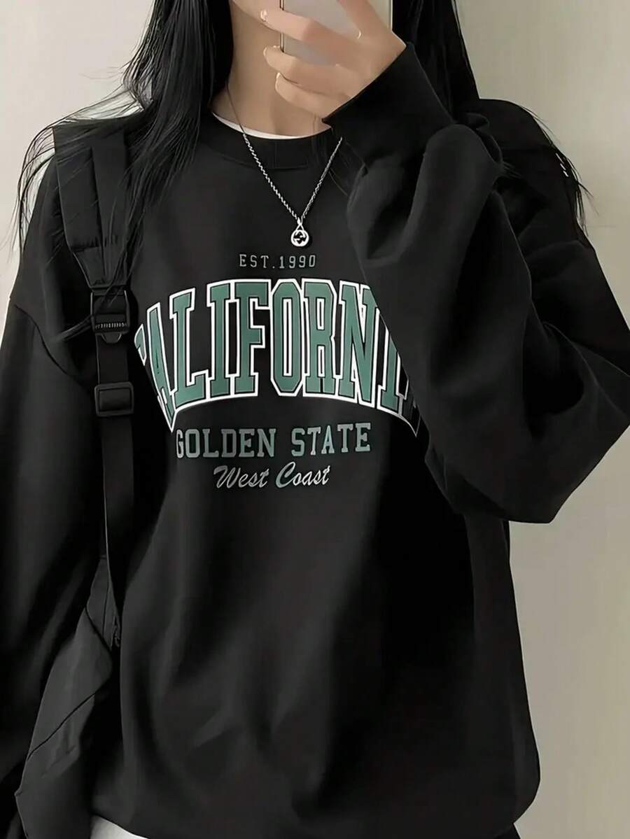 Women's Loose Fit Graphic Print Crew Neck Sweatshirt, Casual Long Sleeve Pullover For Autumn/Winter - Black - View 1