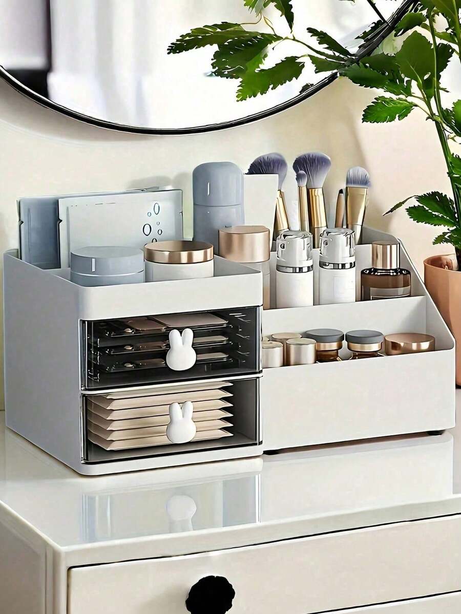 1pc White Rabbit Shaped Storage Box, Makeup Organizer, Stationery Holder, Desk Drawer Organizer For Home, Office, Dorm - White - View 1