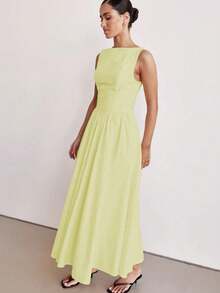 MODA MO, REF: H978 Women's Dress, Long Dress, Sleeveless, Round Neckline, High Waist, Backless, Zipper Dress, Slim Model, A-Line Dress, Elegant, Modern, Light, Comfortable, Versatile, Refined Look, Casual Chic Dress, Event Dress, Sophisticated Look, Summer Dress, Quality Finish, Feminine Style. - 黃色 - 查看 6