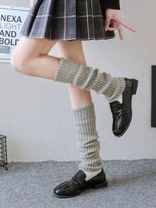 1双竖条纹针织腿套，个性亚文化Y2K风格小腿套，女士保暖腿套，纯色竖条纹保暖装饰可爱腿套，可爱甜美冬季配饰，适合春、秋、冬季穿着 - 灰色 - 查看 4
