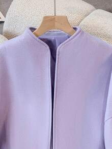 女士优雅常规长度薰衣草色梭织面料大衣，立领，落肩设计 - 淡紫色 - 查看 4