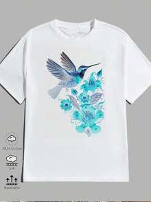1pc blusas de mujer blusas bonitas para mujeres blusas ropa de mujer Camiseta colibrí 180g algodón blanco y negro, patrón estampado colibrí y flores rojas, algodón estampado alta calidad, cuello redondo, corte básico holgado, hombres y mujeres, transpirable, versátil, lavable a máquina, cómoda, talla S ~ 3XL, diaria, casual, deportiva, imprescindible verano - blanco - Ver 2