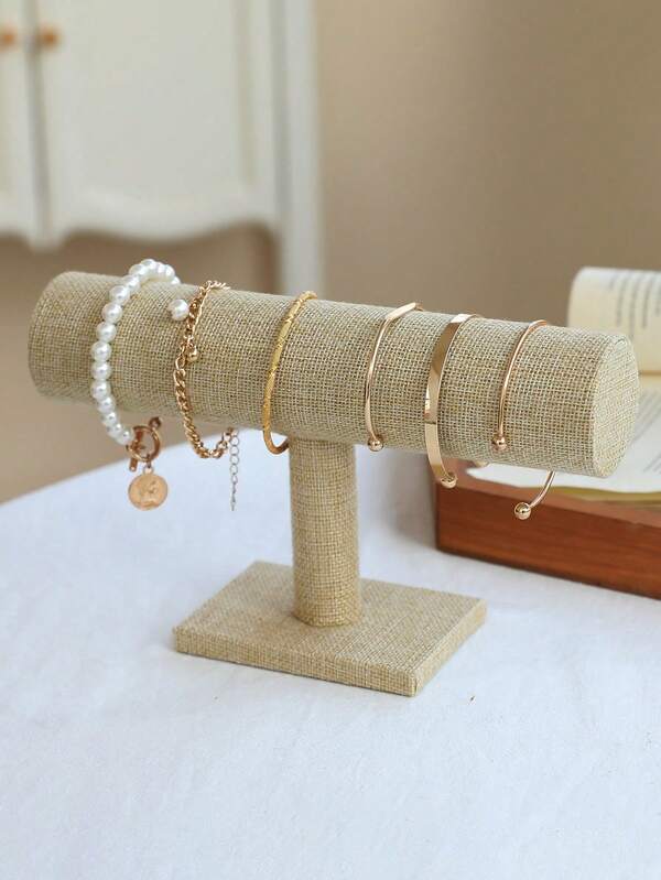1pc Elegant Faux Linen Beige T-Shape Bracelet Display Stand - Desktop Jewelry Holder, Suitable For Retail Display Cases, No Power Needed, Sturdy Plastic Base, Great For Necklaces, Bracelets And Watches, Watch Stand | Soft Velvet Covered, Suitable For Women, Multi-Functional Desktop Organizer Rack, Non-Electric - Fits Various Installation Types Of Other Material Oval Jewelry Tower