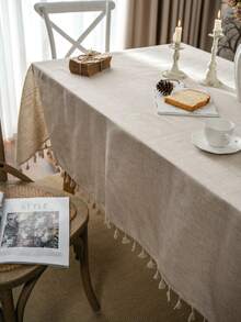 1pc Plain Linen Tablecloth With Tassels, Rustic Farmhouse Style, Versatile For Kitchen, Coffee Table, TV Stand, Suitable For Daily Use, Holidays, Family Gatherings, Birthday Parties, Weddings, Dinner Parties, All Seasons
