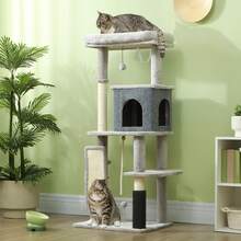 PawHut Cat Tree Tower Scratching Post Bed House, 132cm, Light Grey - Light Grey - View 1