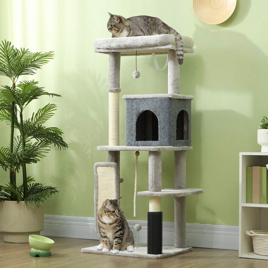 PawHut Cat Tree Tower Scratching Post Bed House, 132cm, Light Grey - Light Grey - View 1