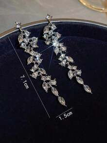 Rhinestone Leaf Drop Earrings - Bạc - Xem 3