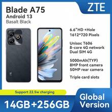 ZTE 中兴，智能手机，Blade A75 冰蓝色玄武岩黑色，已解锁，Android 13，（4GB RAM+10GB Fusion）+256GB ROM，5000mAh 电池，22.5W 充电，双 SIM 卡 4G，4G LTE，全球版本 - 玄武黑 - 查看 1