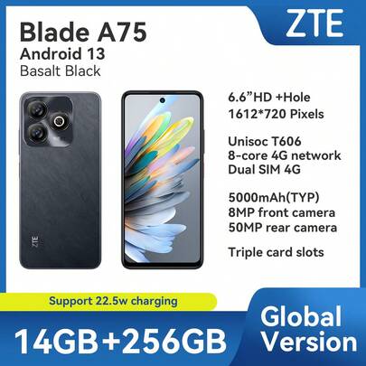 ZTE 中兴，智能手机，Blade A75 冰蓝色玄武岩黑色，已解锁，Android 13，（4GB RAM+10GB Fusion）+256GB ROM，5000mAh 电池，22.5W 充电，双 SIM 卡 4G，4G LTE，全球版本