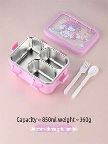 1pc Cute Cartoon Bento Box With Fork And Spoon, Divided Portable Lunch Box, Large Capacity Lunch Container, Leak-Proof Plastic Lunch Box, Stackable Lunch Compartments - Multicolor - View 8