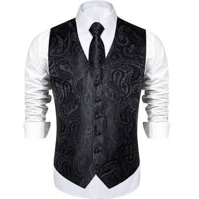 Mens Waistcoat Black Paisley Vest Tie Handkerchief Cufflinks Set Wedding Formal Casual Gift
