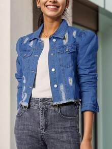 Women's Long Puff Sleeve Denim Jacket, Short Distressed Jean Coat, Ripped Denim Top - Dark Wash - View 3
