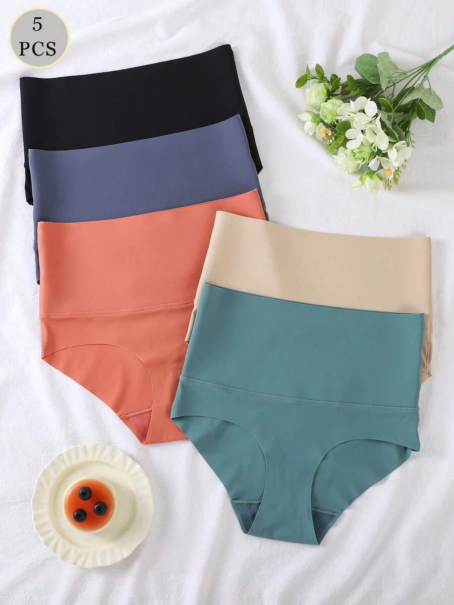5PCS Girlish Solid Color Seamless Mid-Rise Girl Panties Comfortable, Breathable, And Casual - Multicolor - View 1