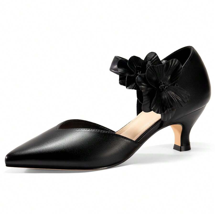 Womens Kitten Heel Closed Toe Pumps Slip On Dress Shoes With Flower Comfortable Formal Party Dance Heels - màu đen - Xem 1