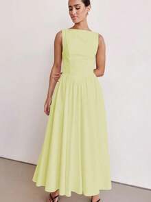 MODA MO, REF: H978 Women's Dress, Long Dress, Sleeveless, Round Neckline, High Waist, Backless, Zipper Dress, Slim Model, A-Line Dress, Elegant, Modern, Light, Comfortable, Versatile, Refined Look, Casual Chic Dress, Event Dress, Sophisticated Look, Summer Dress, Quality Finish, Feminine Style. - 黃色 - 查看 5