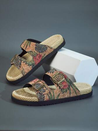 1 Pair Men's Summer Fashion Slide Sandals, Suitable For Daily Outdoor Activities, Beach Vacation, Metal Double Buckle Design, Adjustable Upper, Fresh Summer Outfit, Indoor Bathroom Slippers, Tropical Print Flip Flops