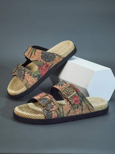 1 Pair Men's Summer Fashion Slide Sandals, Suitable For Daily Outdoor Activities, Beach Vacation, Metal Double Buckle Design, Adjustable Upper, Fresh Summer Outfit, Indoor Bathroom Slippers, Tropical Print Flip Flops