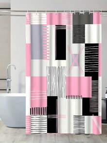 1/4pcs Pink Square Pattern Shower Curtain Set, 70.87x70.87inch Shower Curtain With Floor Mat, U-Shaped Mat, Toilet Seat Mat, With 12 Hooks Bathroom Decor
